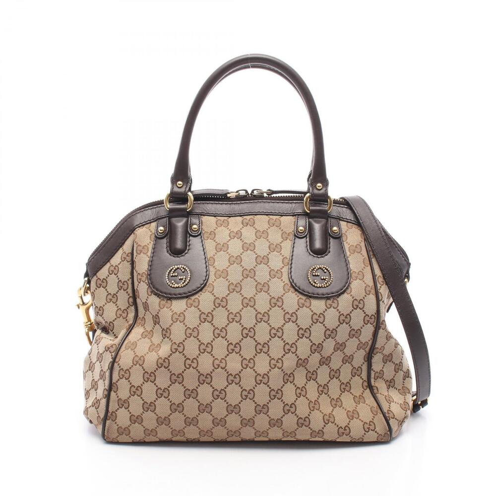 Gucci GG Canvas Shoulder Bag Leather Beige Cream Brown